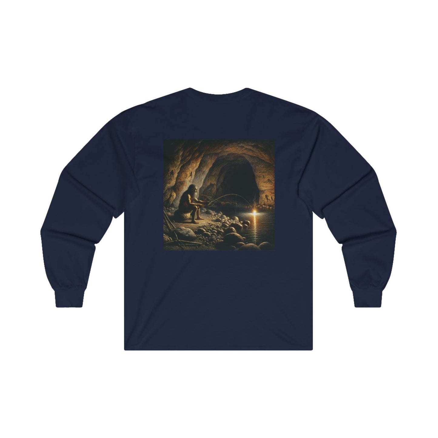 Cotton Long Sleeve Tee Fishing Caveman Design