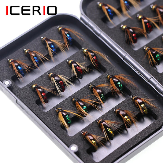 ICERIO 32pcs/Box Bead Head Fast Sinking Nymph Scud Fly Bug Worm Trout Fishing Flies Artificial Insect Fishing Bait Lure