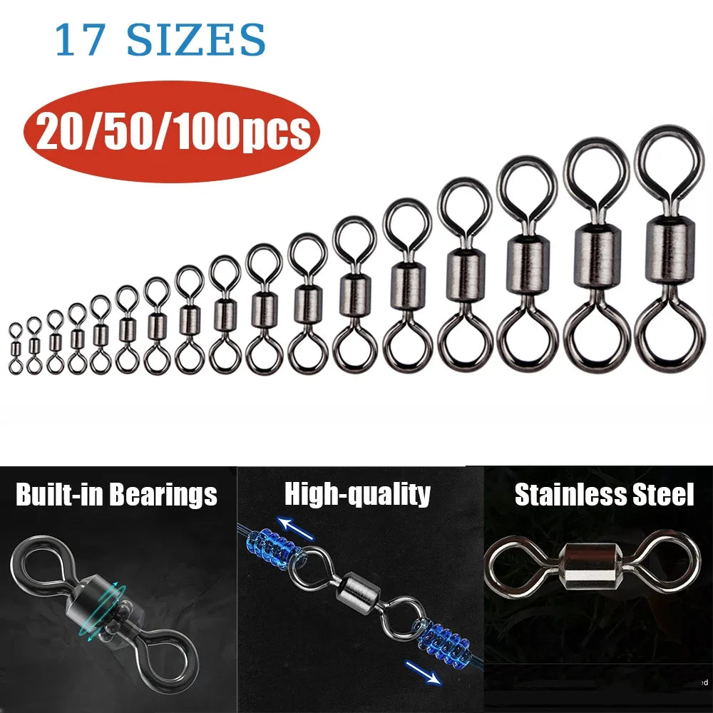 20/50/100pcs Bearing Rolling Swivel Solid Rings Stainless Steel Fishing Lures Connector Carp Fishing Tackle Accessories 17 Sizes